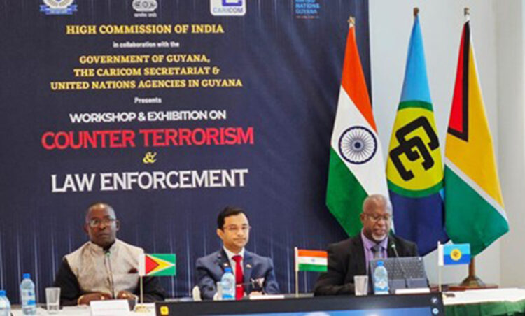 High Commissioner of India to Guyana Dr Amit Telang (centre) with Ambassador and Director of Defence Policy at the Ministry of Foreign Affairs Brigadier (Retd) Godfrey Bess (left) and Programme Manager for Crime and Security at the Caricom Secretariat Sherwin Toyne-Stephenson at Friday’s workshop. (SN photo)