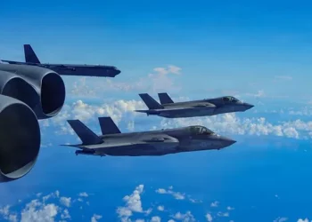 A U.S. Air Force B-52H Stratofortress bomber assigned to the 2nd Bomb Wing, integrates with a U.S. Marine Corps F-35B Lightning II aircraft assigned to the Marine Fighter Attack Squadron 225, in the U.S. Southern Command area. (U.S. Air Force)
