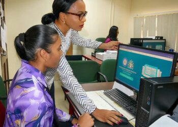 Minister of Home Affairs Oneidge Walrond navigates the platform along with immigration staff