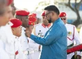 Commander-in-Chief of the Armed Forces, President Dr Mohamed Irfaan Ali, decorates one of the 32 Other Ranks with a medal