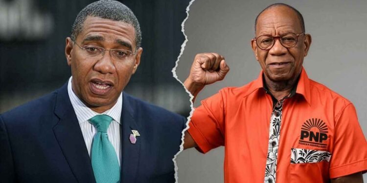 Prime Minister Dr. Andrew Holness and PNP representative for St. Andrew West Central constituency battle-ground Paul Buchanan.