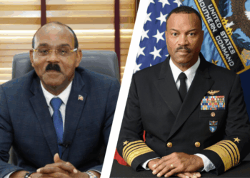 Prime Minister Gaston Browne (left), United States Navy Admiral Alvin Holsey, Commander of the U.S. Southern Command (SOUTHCOM) (right) (Antigua News photo)