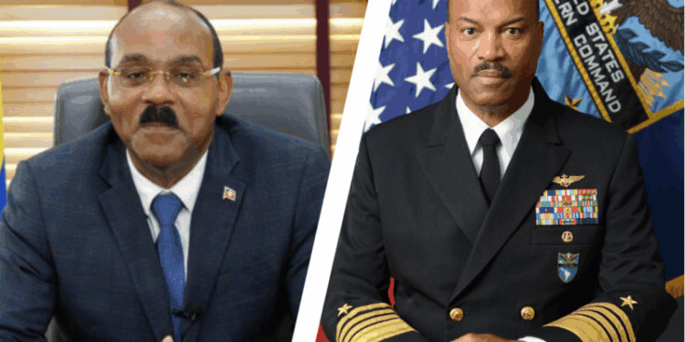 Prime Minister Gaston Browne (left), United States Navy Admiral Alvin Holsey, Commander of the U.S. Southern Command (SOUTHCOM) (right) (Antigua News photo)