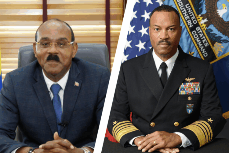 Prime Minister Gaston Browne (left), United States Navy Admiral Alvin Holsey, Commander of the U.S. Southern Command (SOUTHCOM) (right) (Antigua News photo)