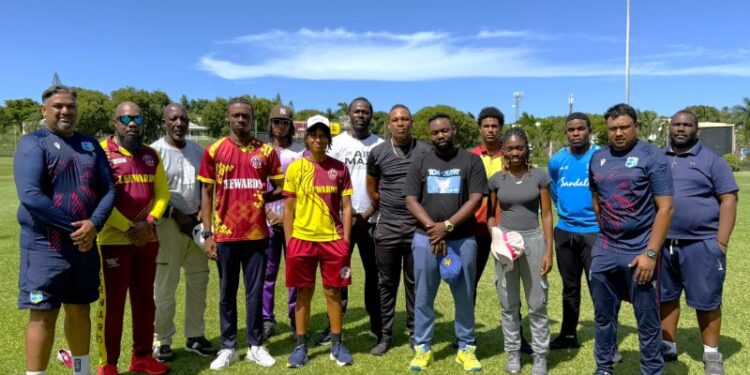 Course Instructors Mr. Brendon Ramlal (left) and Mr. Keshava Ramphal (second right) with participants at Coolidge Cricket Ground, Antigua.
