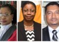 L-R Outgoing acting Chancellor Yonette Cummings-Edwards, newly appointed acting Chancellor Roxane George-Edwards and newly acting Chief Justice Navindra Singh