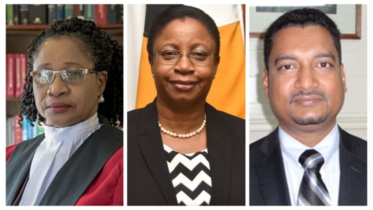 L-R Outgoing acting Chancellor Yonette Cummings-Edwards, newly appointed acting Chancellor Roxane George-Edwards and newly acting Chief Justice Navindra Singh
