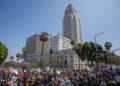 Protestors against immigration raids gather in front of the Los Angeles City Hall on June 8 in Los Angeles, California. Apu Gomes/Getty Images)