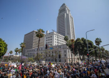 Protestors against immigration raids gather in front of the Los Angeles City Hall on June 8 in Los Angeles, California. Apu Gomes/Getty Images)