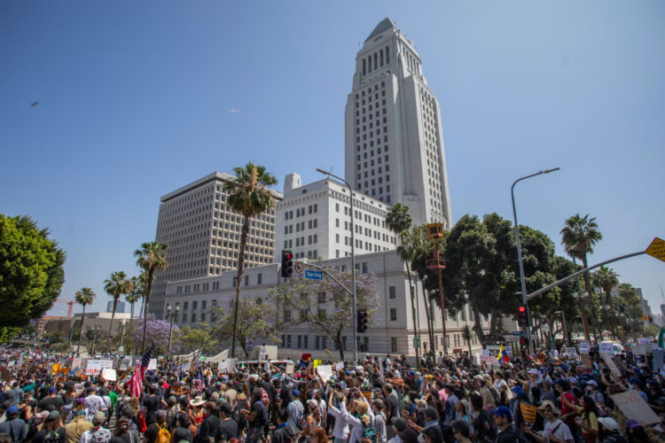 Protestors against immigration raids gather in front of the Los Angeles City Hall on June 8 in Los Angeles, California. Apu Gomes/Getty Images)