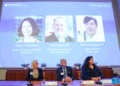 Portraits of the 2025 Nobel Prize in Physiology or Medicine laureates Mary E. Brunkow (L), Fred Ramsdell (C) and Shimon Sakaguchi are shown on a screen during the announcement of the prize at the Karolinska Institute in Stockholm, Sweden, on Oct. 6, 2025. Mary E. Brunkow, Fred Ramsdell, and Shimon Sakaguchi were awarded the 2025 Nobel Prize in Physiology or Medicine on Monday for their discoveries concerning peripheral immune tolerance, the Nobel Assembly at Sweden's Karolinska Institute announced. (Xinhua/Peng Ziyang)