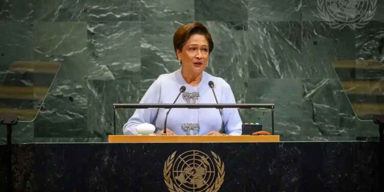 Kamla Persad-Bissessar, Prime Minister of the Republic of Trinidad and Tobago, addresses the general debate of the General Assembly’s 80th session on Sept. 26, 2025. UN Photo/Loey Felipe