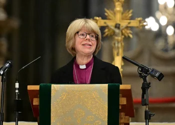 Archbishop of Canterbury-designate Sarah Mullally poses inside Canterbury Cathedral in southeast England on Oct. 3, 2025. (Toby Melville/Reuters)