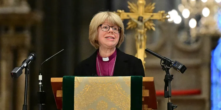 Archbishop of Canterbury-designate Sarah Mullally poses inside Canterbury Cathedral in southeast England on Oct. 3, 2025.  (Toby Melville/Reuters)