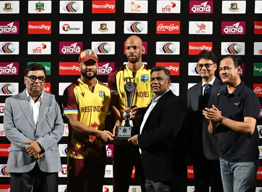 West Indies captain Shai Hope and vice-captain Roston Chase with the T20 series trophy.