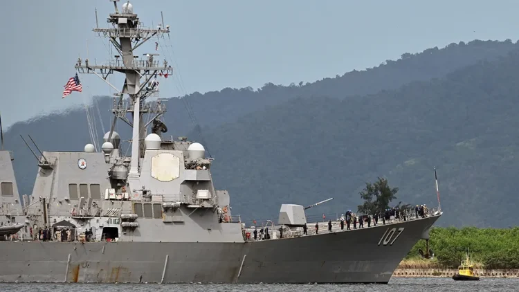 USS Gravely prepares to dock in Port-of-Spain, Trinidad and Tobago, Sunday, Oct. 26, 2025. (AP Photo/Robert Taylor)
