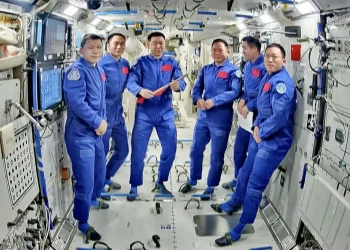 China’s Shenzhou-20 crew aboard the Tiangong space station.CCTV Video News Agency