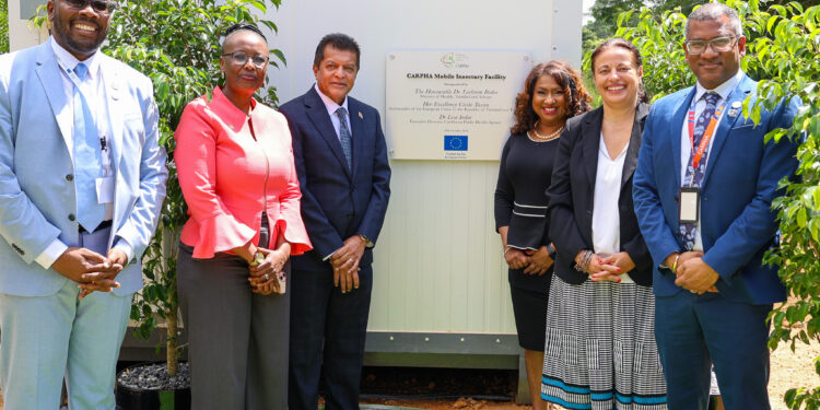 (L-R) Dr. Horace Cox, Director, CARPHA, Mrs. Doreen Walsweer-Sore, Expert Responsible for the Implementation of the Samoa Agreement and Summits, Organisation of African, Caribbean and Pacific States (OACPS), the Honourable Dr. Lackram Bodoe, Minister of Health, Trinidad and Tobago, Dr. Lisa Indar, Executive Director, CARPHA, Her Excellency Cécile Tassin, Ambassador of the European Union to the Republic of Trinidad and Tobago and Dr. Mark Sami, CARPHA Director, following the inauguration of the EU funded CARPHA Mobile Insectary Facility on October 29th, 2025.