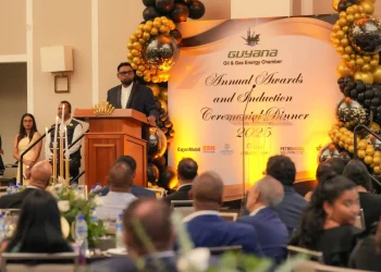 President Dr Mohamed Irfaan Ali delivering the feature address at the Guyana Oil and Gas Energy Chamber’s Annual Awards presentation dinner