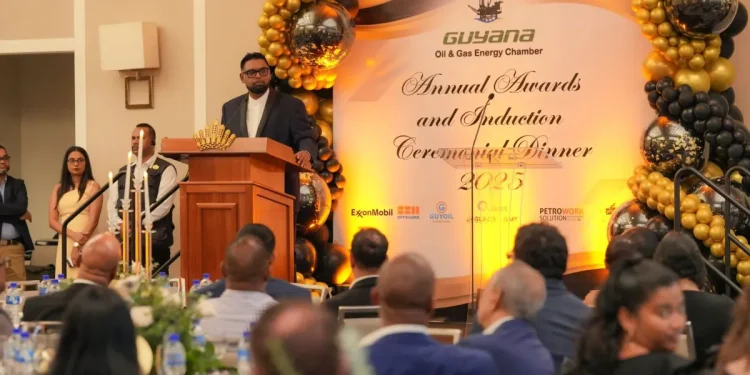President Dr Mohamed Irfaan Ali delivering the feature address at the Guyana Oil and Gas Energy Chamber’s Annual Awards presentation dinner
