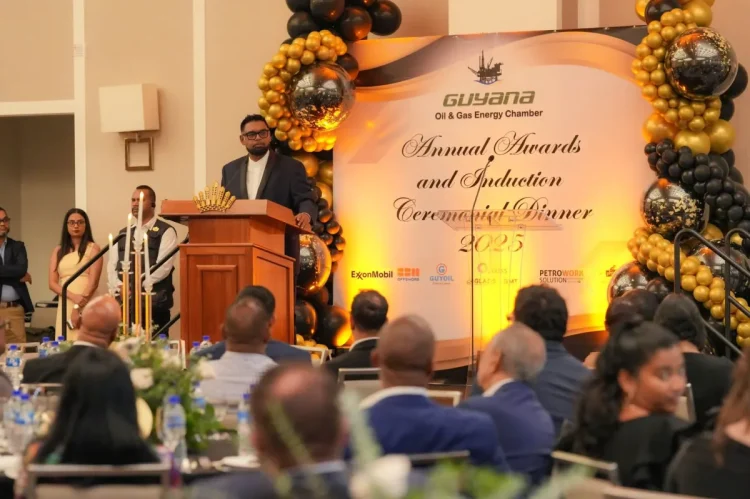 President Dr Mohamed Irfaan Ali delivering the feature address at the Guyana Oil and Gas Energy Chamber’s Annual Awards presentation dinner