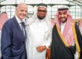 His Royal Highness Prince Abdulaziz Bin Turki Bin Faizal Al Saud (right), Saudi Arabia’s Minister of Sport; FIFA President Gianni Infantino (left) and President of Guyana Dr. Irfaan Ali in Riyadh, Saudi Arabia