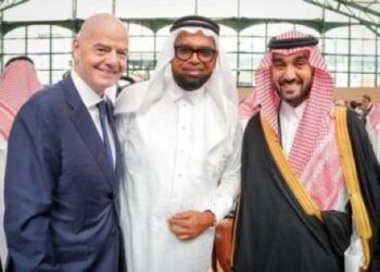 His Royal Highness Prince Abdulaziz Bin Turki Bin Faizal Al Saud (right), Saudi Arabia’s Minister of Sport; FIFA President Gianni Infantino (left) and President of Guyana Dr. Irfaan Ali in Riyadh, Saudi Arabia