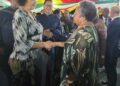 CARICOM Secretary-General, Dr Carla Barnett (R) greets the President of Suriname, H.E. Jennifer Geerlings Simons (L) at a reception the President hosted ahead of her country's Jubilee Anniversary of Independence on 24 November.