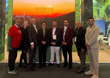 Minister of Tourism Industry and Commerce, Susan Rodrigues, along with the President of the Tourism and Hospitality Association of Guyana, Mitra Rajkumar, Director of the Guyana Tourism Authority, Kramrul Baksh and a delegation at the World Travel Market
