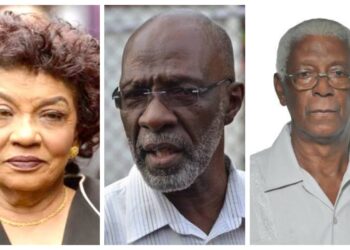 L-R GECOM Chair ret'd Justice Claudette Singh, Opposition-nominated Commissioners Vincent Alexander and Desmond Trotman