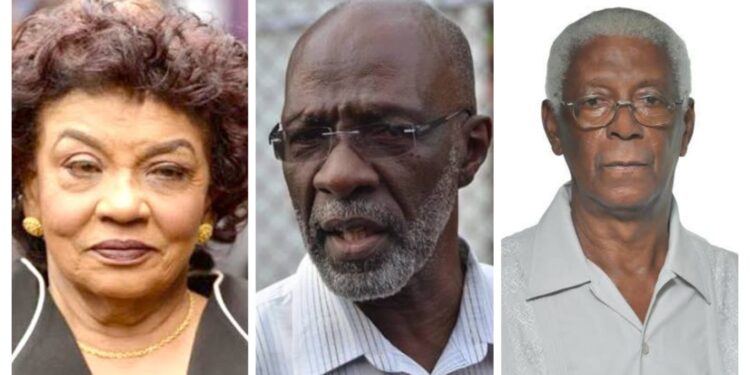 L-R GECOM Chair ret'd Justice Claudette Singh, Opposition-nominated Commissioners Vincent Alexander and Desmond Trotman