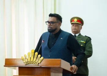 President Irfaan Ali delivering remarks at the Arthur Chung Conference Centre during the swearing on of Regional Chairpersons and Vice Chairpersons on November 27, 2025 (DPI photo)
