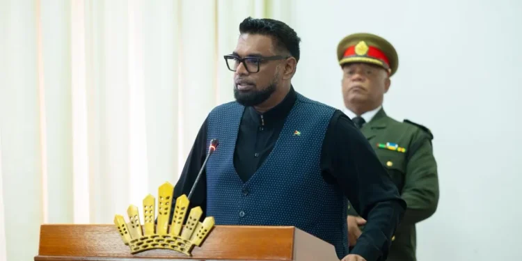 President Irfaan Ali delivering remarks at the Arthur Chung Conference Centre during the swearing on of Regional Chairpersons and Vice Chairpersons on November 27, 2025 (DPI photo)