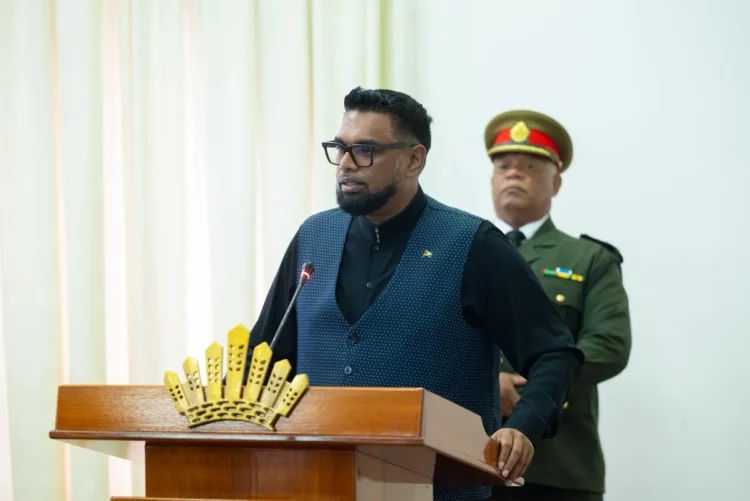 President Irfaan Ali delivering remarks at the Arthur Chung Conference Centre during the swearing on of Regional Chairpersons and Vice Chairpersons on November 27, 2025 (DPI photo)