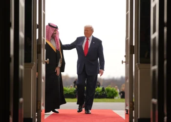 President Donald Trump welcomes Saudi Arabia’s Crown Prince Mohammed bin Salman to the White House, Tuesday, Nov. 18, 2025, in Washington. (AP Photo/Evan Vucci)