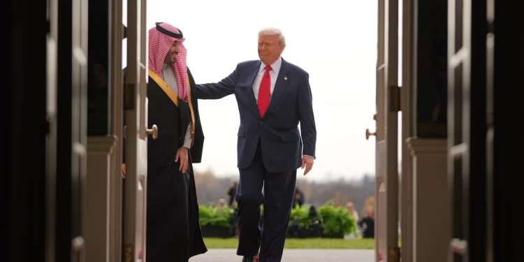 President Donald Trump welcomes Saudi Arabia’s Crown Prince Mohammed bin Salman to the White House, Tuesday, Nov. 18, 2025, in Washington. (AP Photo/Evan Vucci)