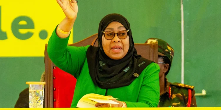 Tanzanian President Samia Suluhu Hassan gestures during a campaign rally ahead of the general elections in Iringa, Tanzania, Tuesday, Oct. 7, 2025. (AP Photo)