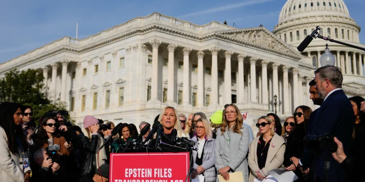 Rep. Marjorie Taylor Greene, R-Ga., speaks during a news conference on the Epstein Files Transparency Act, Tuesday, Nov. 18, 2025, outside the U.S. Capitol in Washington. (AP Photo/Julia Demaree Nikhinson)