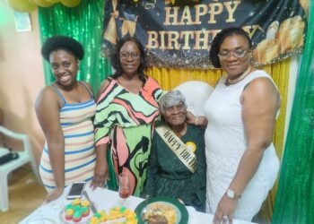 L-R Jasmine Hackett (PNCR Councillor, Reg 4, fmr Minister of Foreign Affairs Dr. Karen Cummings, 106-year-old Ruby Mingo and and Member of Parliament and GTU President Coretta McDonald