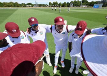 West Indies' captain Roston Chase (C) talks to his players before the start of play against New Zealand on Day 4 of their Test match in Christchurch, New Zealand, on December 5. (via AP) -
West Indies' captain Roston Chase (C) talks to his players before the start of play against New Zealand on Day 4 of their Test match in Christchurch, New Zealand, on December 5. (via AP)
