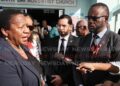 Opposition Leader Pennelope Beckles speaks to the media, after the funeral of PNM stalwart Ferdinand 'Ferdie' Ferreira, at Seventh-Day Adventist Church, Stanmore Avenue, Port of Spain, on December 16. - Photo by Angelo Marcelle