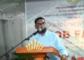 President Mohamed Irfaan Ali addressing the audience at the job fair in Region Three