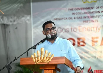 President Mohamed Irfaan Ali addressing the audience at the job fair in Region Three