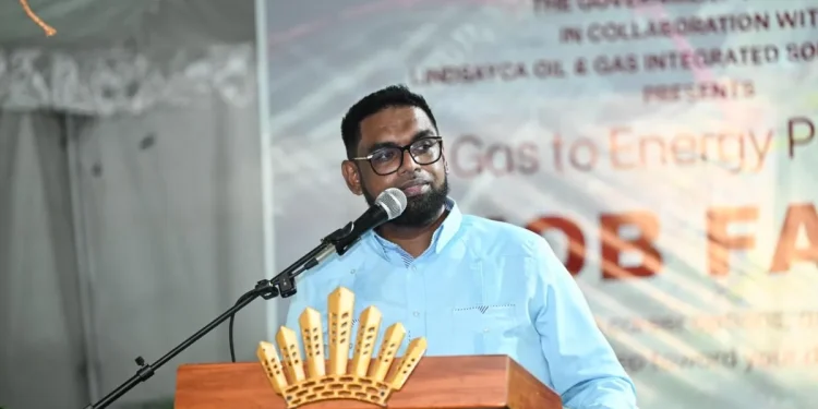 President Mohamed Irfaan Ali addressing the audience at the job fair in Region Three