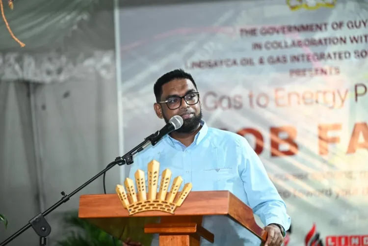 President Mohamed Irfaan Ali addressing the audience at the job fair in Region Three