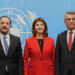 Republic of Cyprus President Nikos Christodoulides, United Nations Secretary-General's Personal Envoy on Cyprus, Maria Angela Holguin Cuellar, and Turkish Cypriot leader Tufan Erhurman pose for a photograph at the U.N. compound inside the UN buffer zone, in Nicosia, Cyprus, December 11, 2025. Petros Karadjias/Pool via REUTERS Purchase Licensing Rights