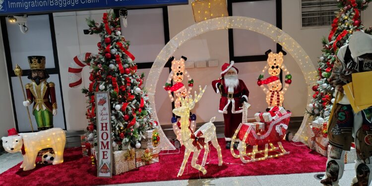 Christmas decor at CJIA Timehri