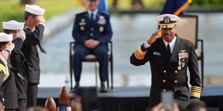 Navy Adm. Alvin Holsey salutes during a relinquishment of command and retirement ceremony at US Southern Command in Doral, Florida, on Friday, December 12, 2025. Rebecca Blackwell/AP