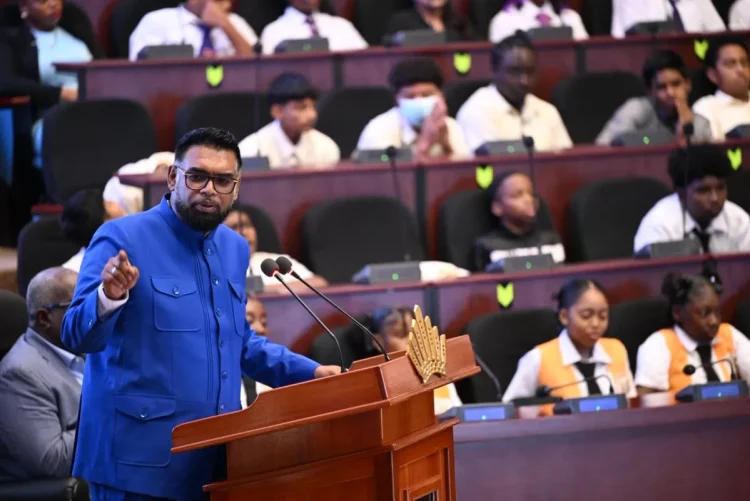 President Ali delivering the feature remarks at the launch of the Guyana Digital School on Friday (DPI photo)