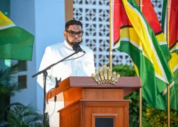 President Dr Mohamed Irfaan Ali addresses a massive audience at the Arthur Chung Conference Centre (ACCC)